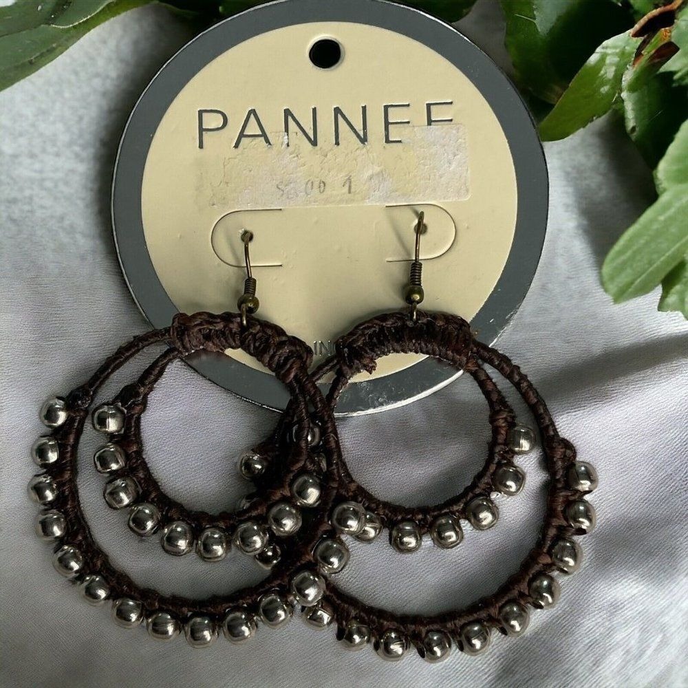NWT Pannee Crochet Mixed Shaky Charm Beads Boho Hoop Earrings 2.7" Thailand